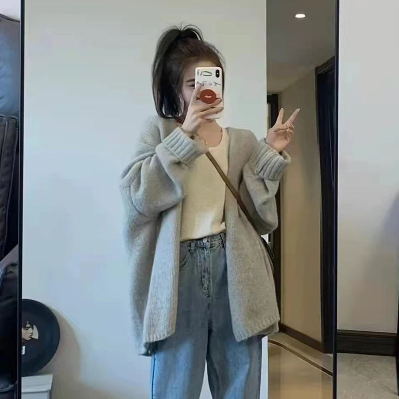 Koreanische Ballonärmel Strickjacke - Einfarbig, Warm L