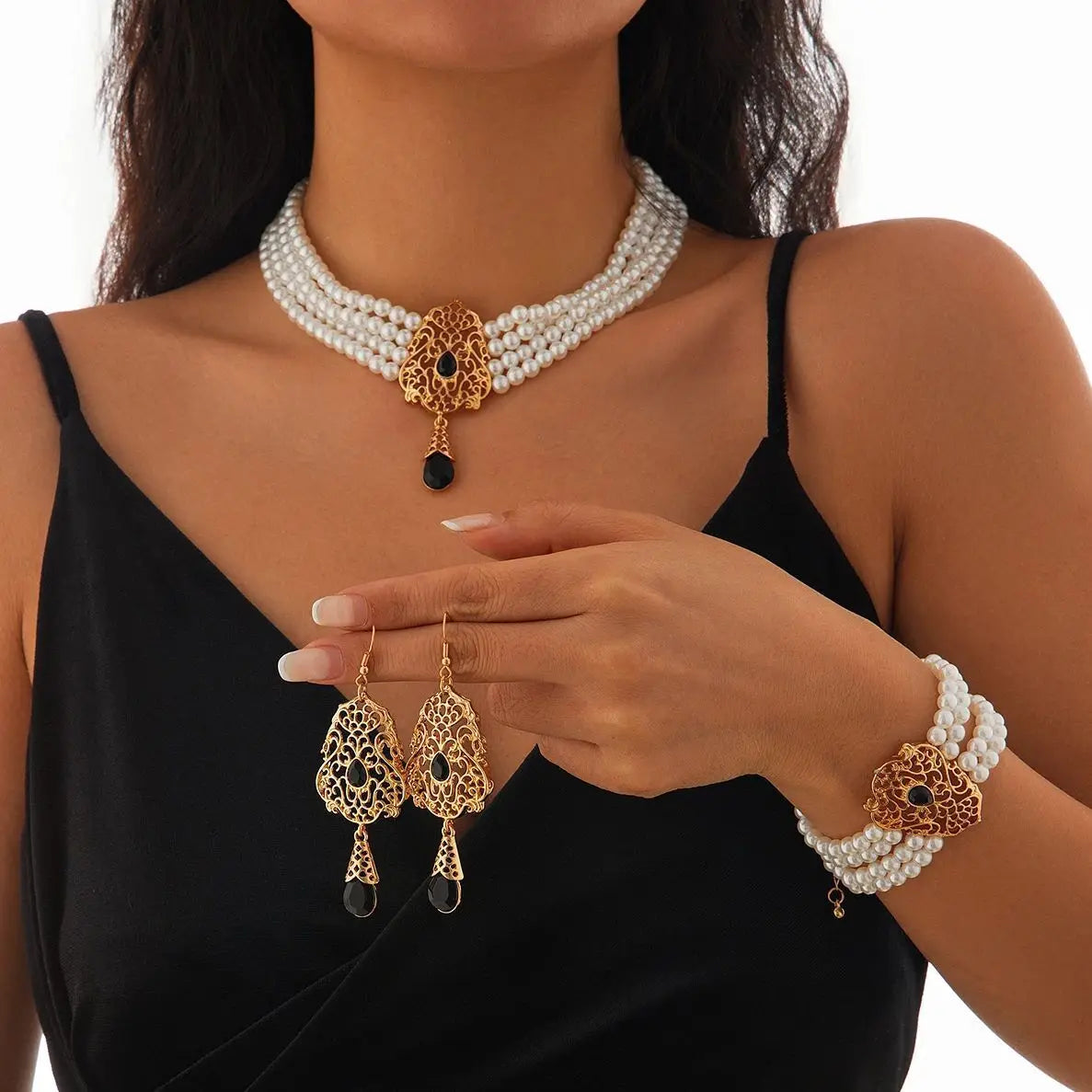 KunJoe Luxus Mehrschichtig Imitation Perlen Halskette Armband Ohrringe Frauen Wassertropfen Grün Strass Choker Hochzeit Schmuck Set