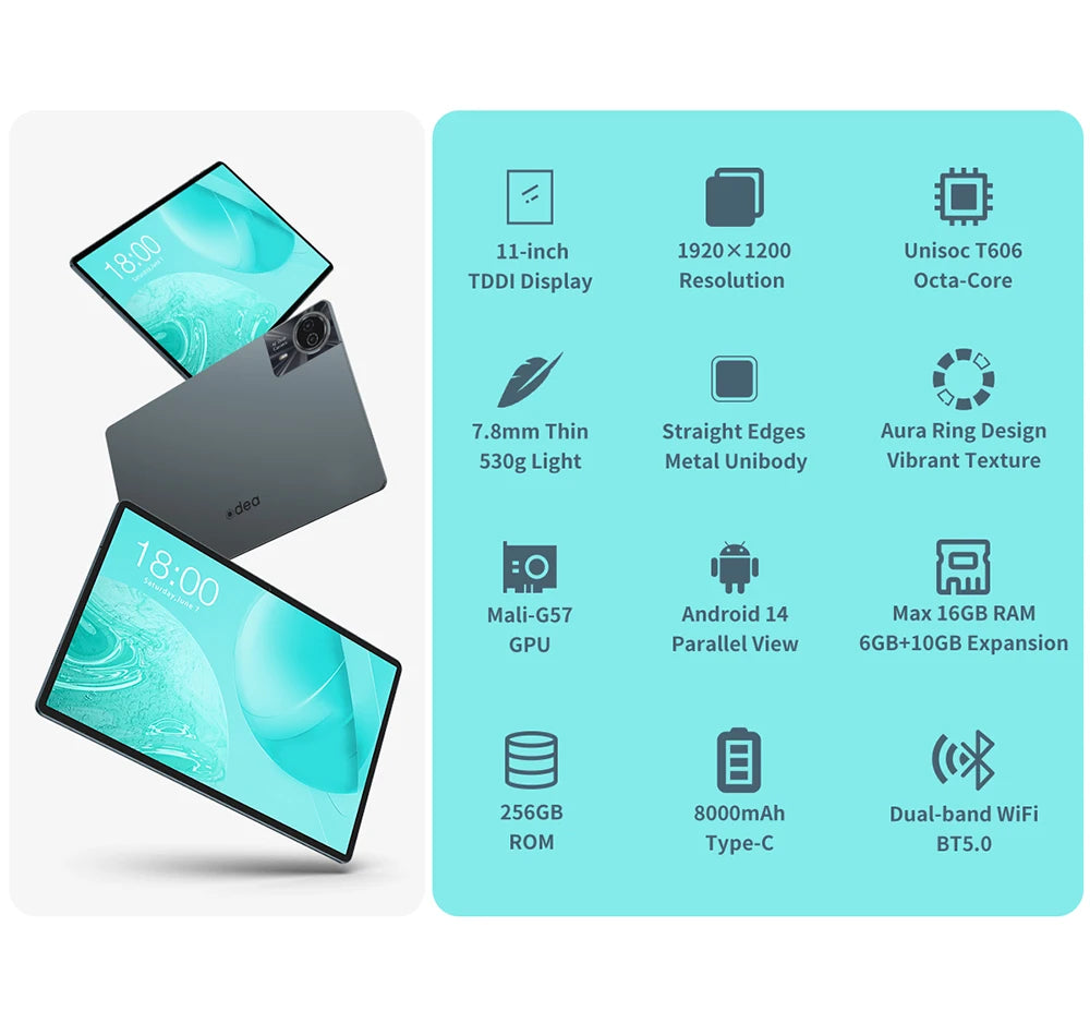 Odea S11, 11 inch TDD, 8000Mah, tabletă Android 14 (expansiune 6Gb+10Gb), 16Gb RAM, 256Gb ROM, rezoluție 1920X1200 IPS, Unisoc T606, 8 nuclee, Mali-G57, 4G LTE, Wifi, GPS, 2 sloturi SIM + 1 slot pentru telefon, Widevine L1 pentru Netflix.