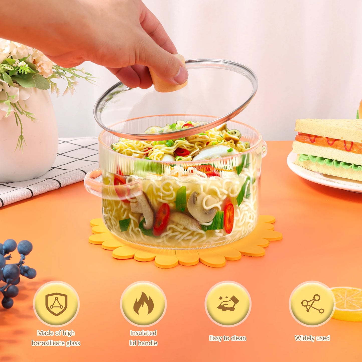 Transparent Soup Pot Heat Resistant High Borosilicate Glass Dual Handles Nonstick Glass Saucepan With Cover Kitchen Cooking Tool