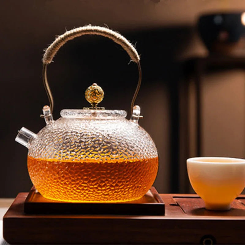 Japanese-style Hammer Pattern High Temperature Resistant Glass Tin Flower Copper Handle Beam Pot Teapot Glass Tea Set