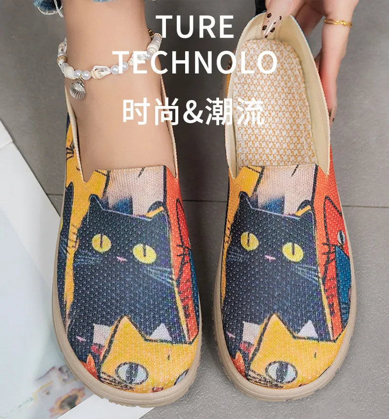 Women's Slip-On Sneakers Cat Print Spring Casual Shoes Plus Size Flat Sole Comfort Color Block Fabric Breathable Lightweight