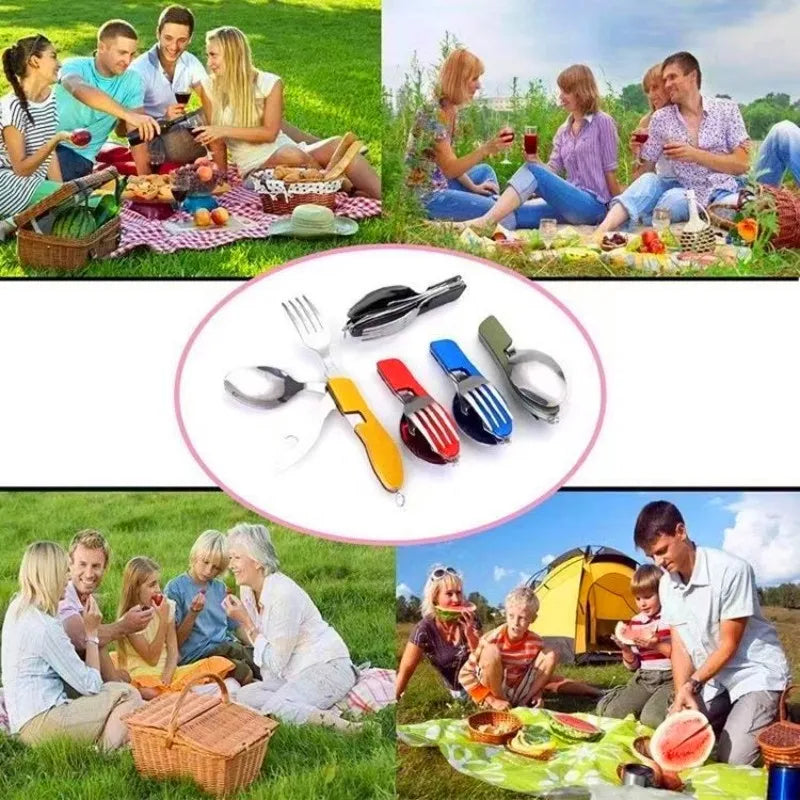 Besteck-Set 2025: 4-in-1 Stainless Steel Cutlery Set Foldable Knife Fork Spoon - Picnic Bottle Opener Compact Outdoor Tableware Camping Tool Collection