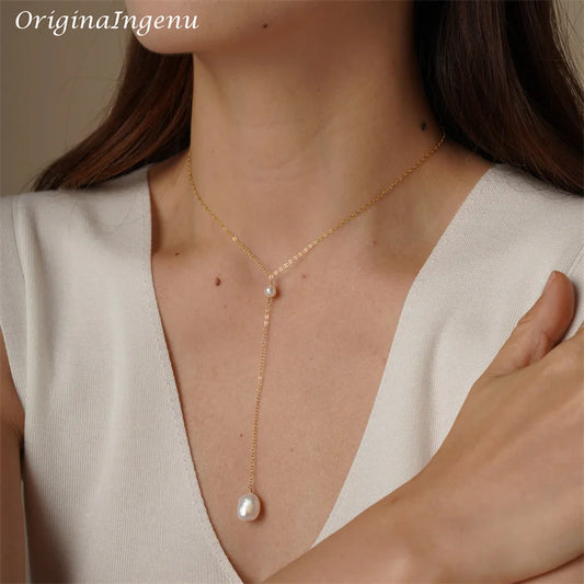 Baroque Pearl Pendant Silver Y Necklace Handmade 14K Gold Filled Choker Boho Collier Femme Kolye Collares Women Jewelry Necklace