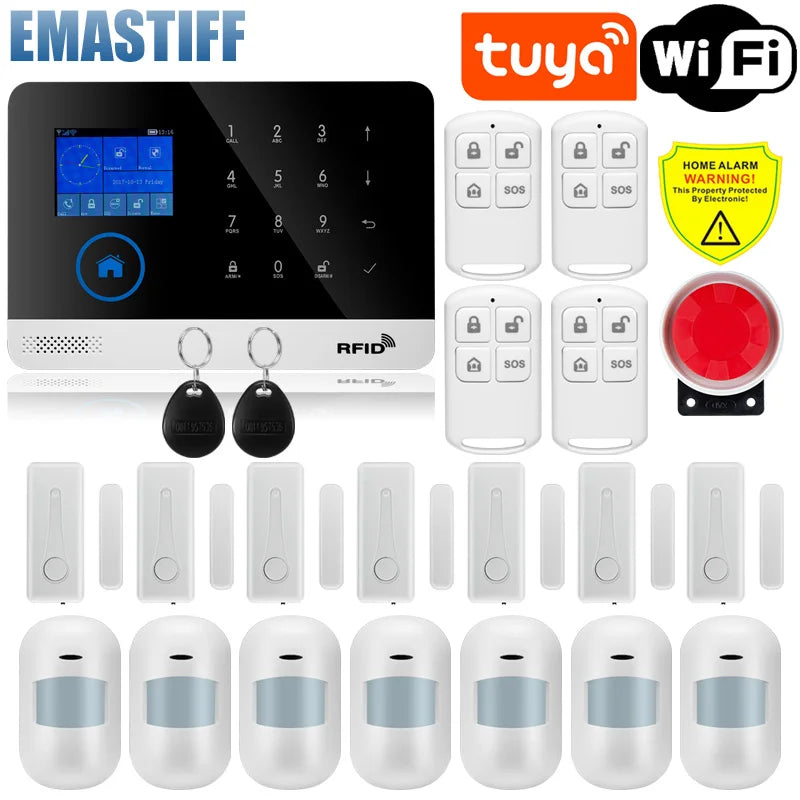 Alarmanlage 2025: Wireless Tuya APP SIM GSM Home RFID Burglar Security - LCD Touch Keyboard WIFI GSM Alarm System Sensor Kit Russian Spanish Voice Collection