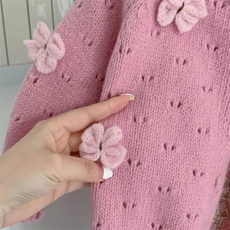 Set floral pentru fete, set pentru sugari, 2 buc, ținută de toamnă, cu cardigan tricotat cu fundă, pulover și rochie de prințesă, stil dulce pentru copii