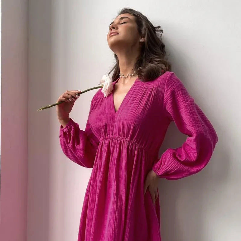 Rochii elegante pentru femei, 100% bumbac, muselină, mânecă lungă, decolteu în V, casual, petrecere, vacanță, plajă, alb, negru, halate, vestidos de mujer