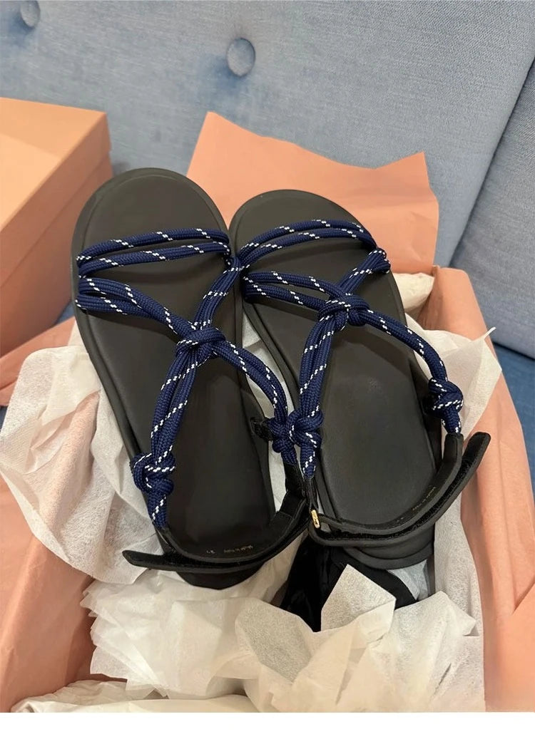Damen Seil-Knoten Zehentrenner Sandalen - Weiche Sohle Komfort Sommer - Geflochtene Riemen Fashion Sandalen