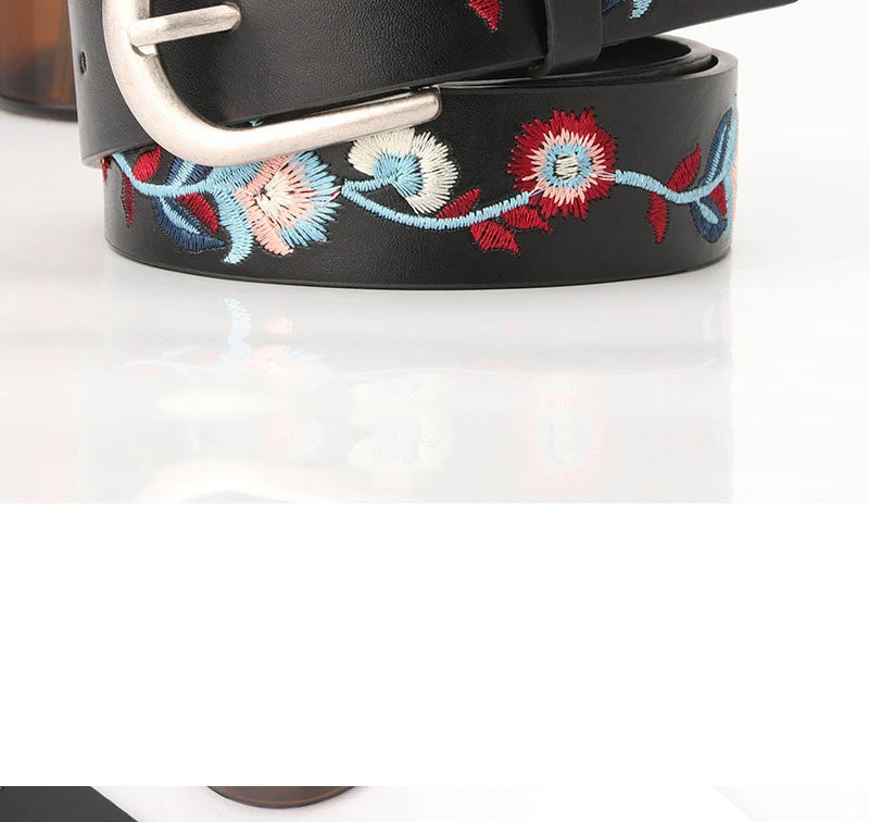 Embroidered Flowers Leather Women's Belt Fashion Casual Luxury Design Simple Versatile Jeans Goth Retro Pin Buckle Waistband New
