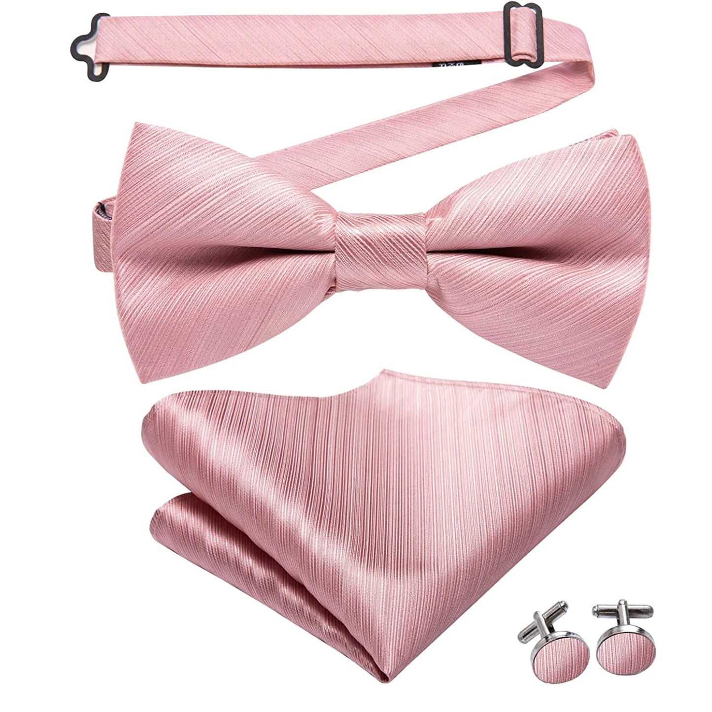 Hi-Tie Silk Mens Bow Tie Pocket Square Cufflinks Set Peach Pink Salmon Pre-tied Butterfly Knot Bowtie for Male Wedding Business