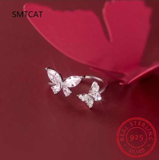 Real 925 Sterling Silver Fashion Sweet Insect Butterfly Adjustable Ring For Women Wedding Party Jewelry Gift DG0182