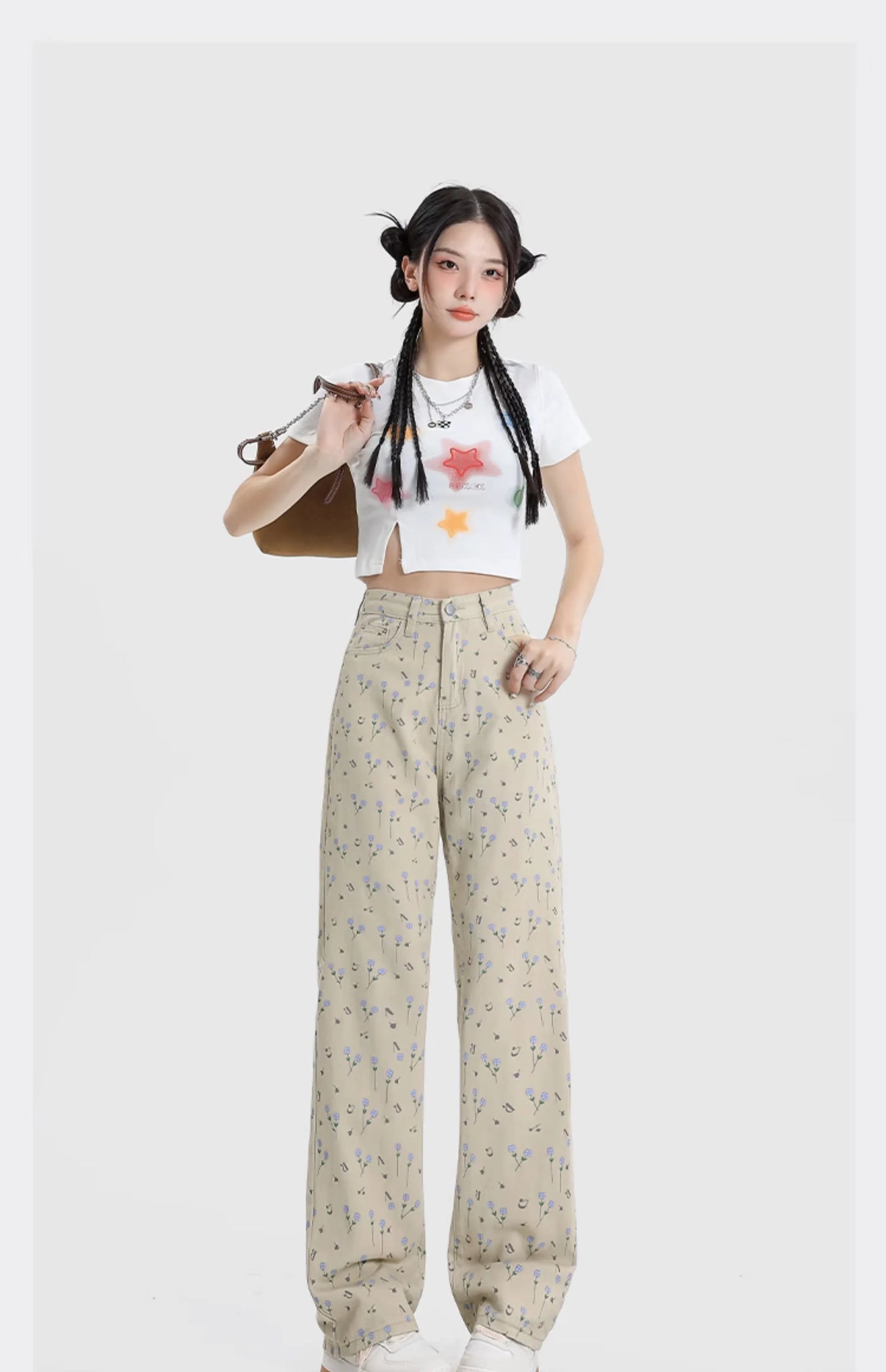 Damen Jeans 2025 - Washed High Waist Floral Printing Straight Preppy Style Sweet