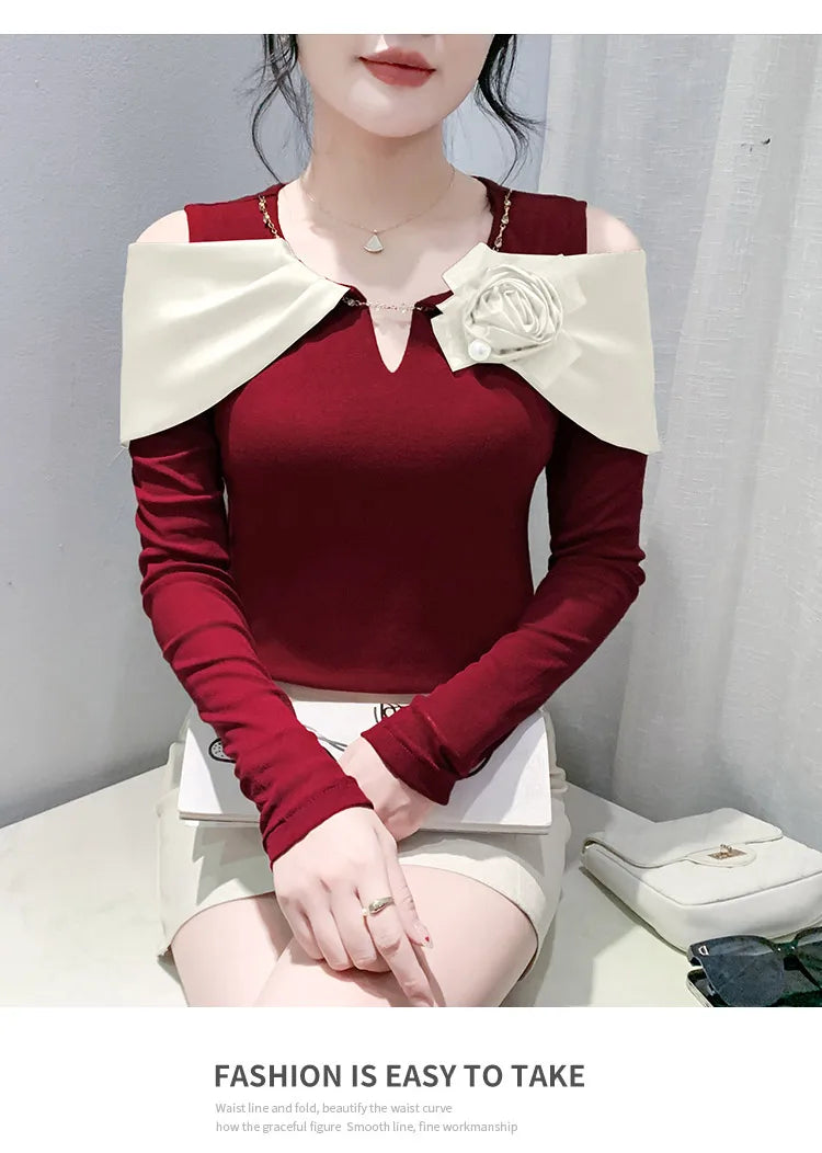 Women T-shirt Fashion T Shirt Cotton Slim Tee For Ladies Autumn Clothing New Long Sleeve Beading V-Neck Tops