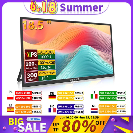 HGFRTEE 18.5inch 100Hz Portable Monitor With VESA Hole Stand PC Gaming Extended Display ADS-IPS Large screen Support Type-C HDMI