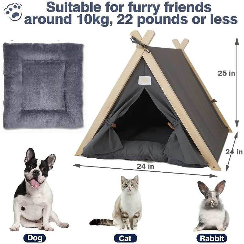 Pet Tent Nest Removable and Easy To Wash with Thick Soft and Comfortable Pad Warm Wooden Tent Bed Suitable for Cats and Dogs