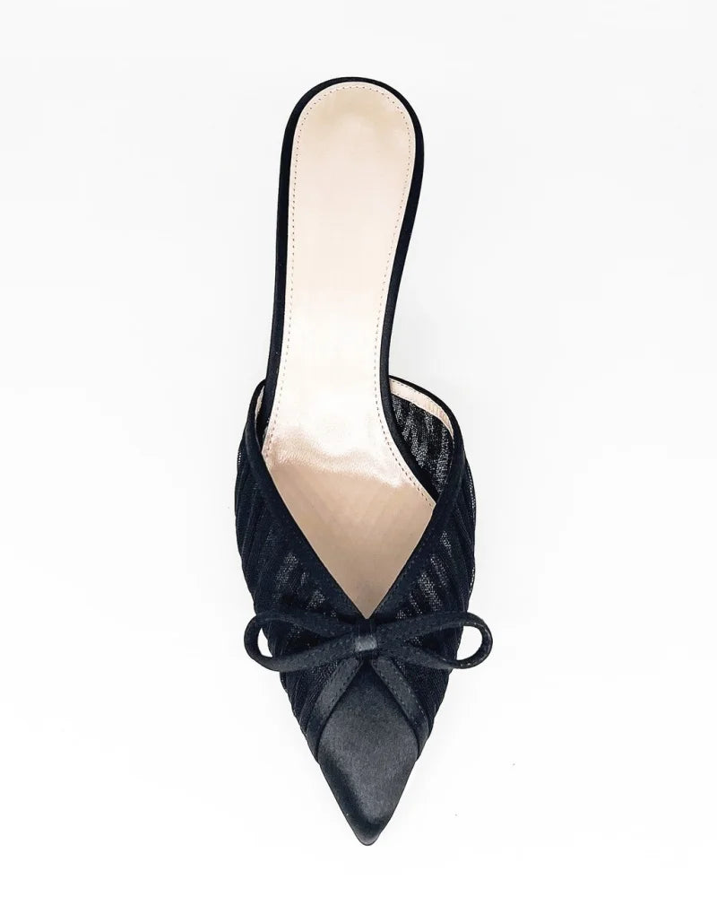 Weiße Schleife Sandalen 2025 - Elegante Pantoletten Stilettos - Slip-On Dünne Hohe Schuhe Damen Offene Zehen Hochzeit