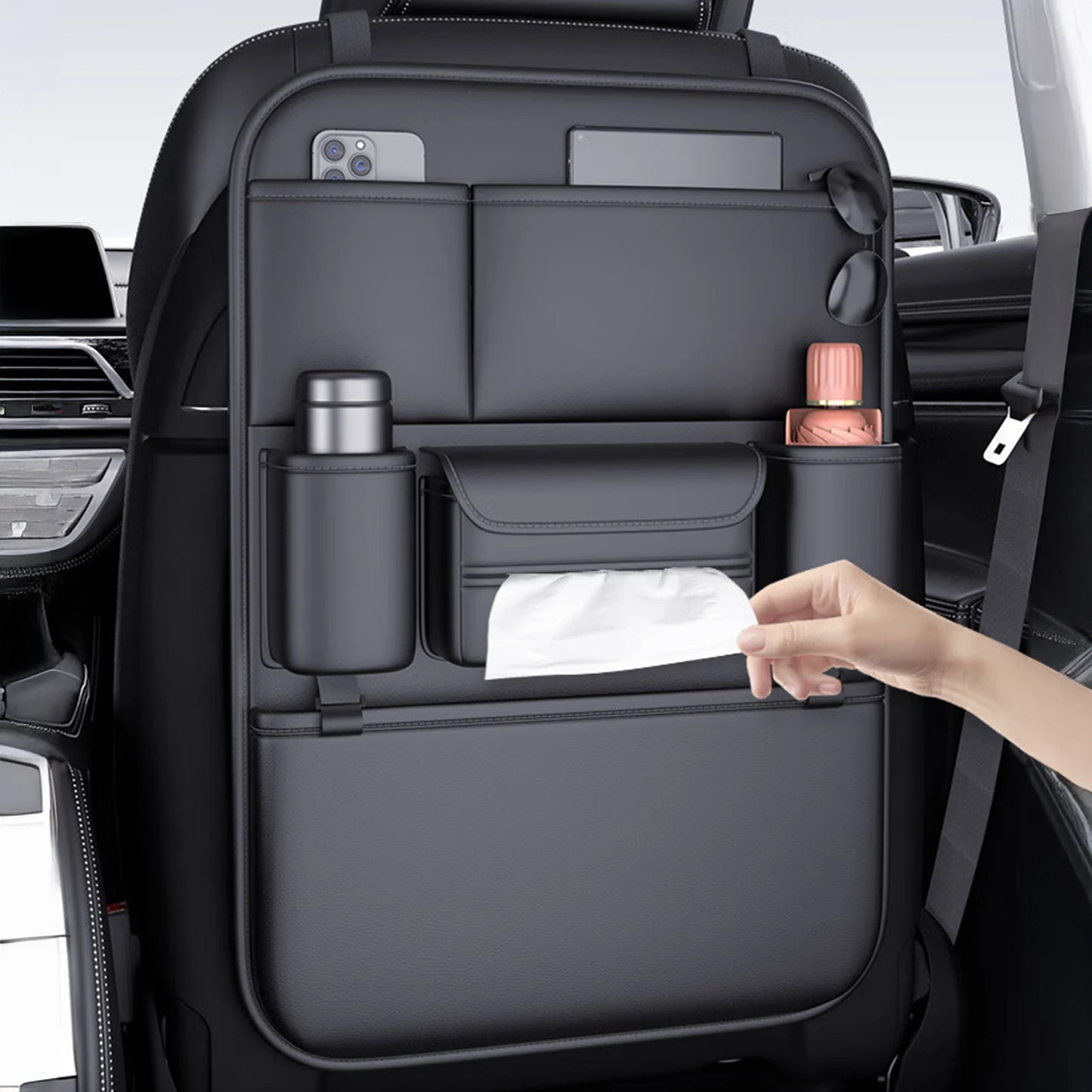 PU Car Backseat Organizer Storage Bag Multi-function Large Capacity Seat Back Storage Organizer Hanging Bag Protector Pad