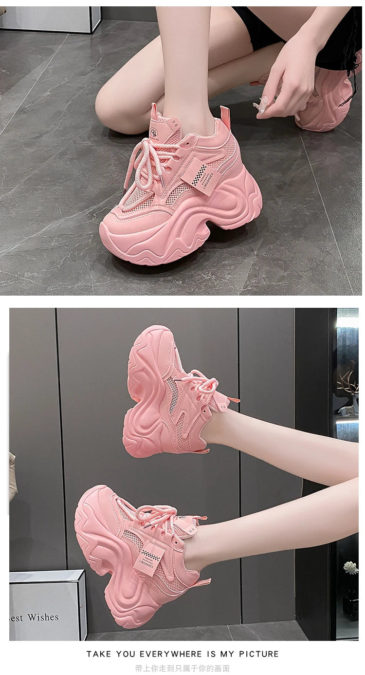 Women High Platform Sneakers New Summer 9.5CM Wedge Heels Thick Sole Leather Shoes Autumn Breathable Mesh Chunky Sneakers Woman
