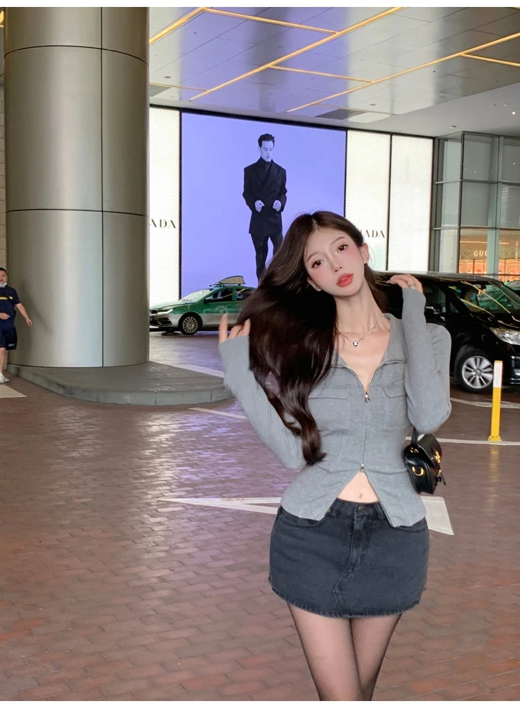 Women T-shirt Spring Autumn Clothes Ribbed Knitted Long Sleeve Short Tops Zipper Design Tee elegant Female Slim Tops