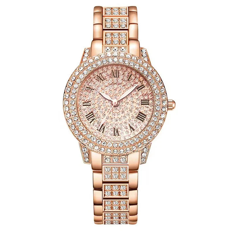 Mode Luxus Vollkristall 5-teiliges Set - Uhr Halskette Ohrringe Ring Set für Damen - Strass Armbanduhr Damen Armband Set Geschenk