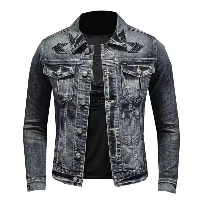 Jachetă denim vintage pentru bărbați, stil High Street, vrac, evazabil, motociclist, îmbrăcăminte elegantă, casual, cu rever cu nasturi, îmbrăcăminte pentru bărbați