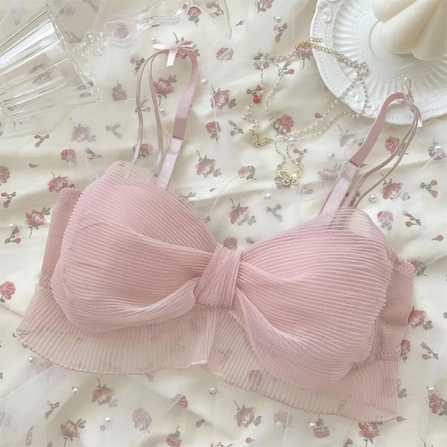 Lenjerie intimă elegantă japoneză dulce fără fir pentru fete, sutien confortabil, din dantelă și tul, bikini, push-up, sutien cu fundă