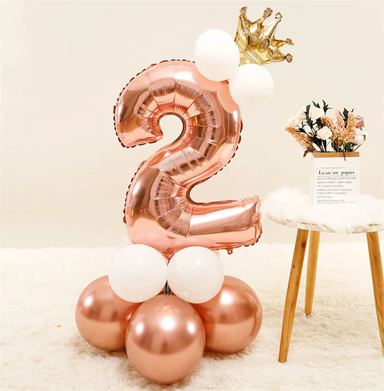 Chrome Rose Gold 32inch Number Foil Column Balloons Happy Birthday Party Decorations Kids Boy Girl 1 2 3 4 5 6 7 8 9 Year Old