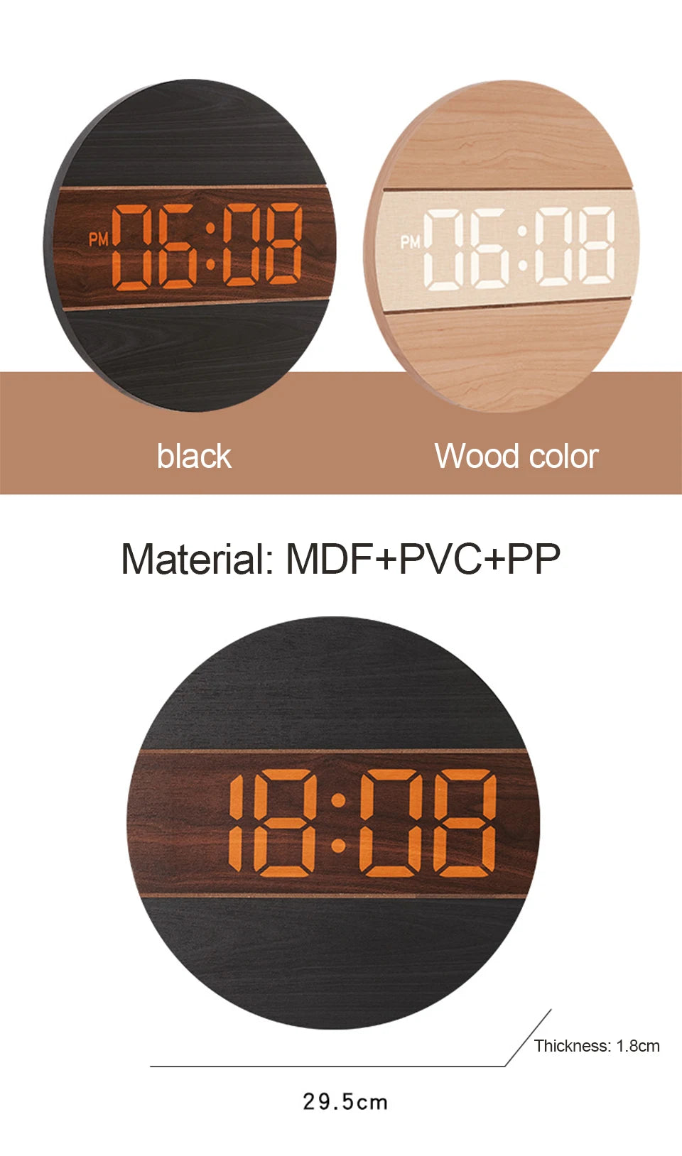 LED Digital Wall Clock Wooden Large Round Screen Automatic Brightness Adjustment 12/24H Hanging Clock Home Living Room Decor