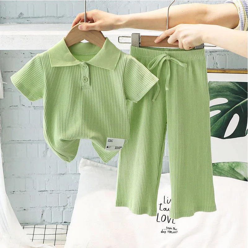 Girls Fashion Set Baby Lapel Pit Stripes Short Sleeve Pants Suit Summer 2024 New Children's Casual Comfortable Sports 2 Pcs 2-8Y
