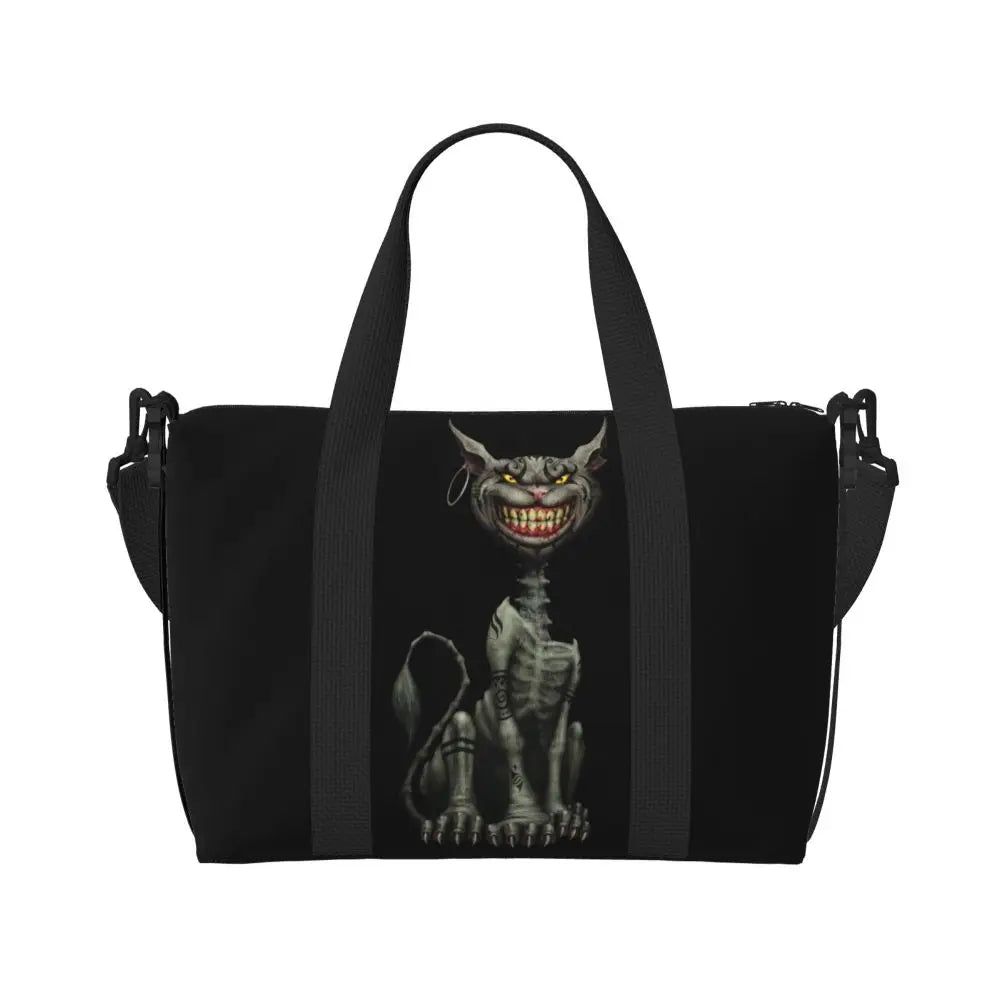 Geantă de plajă personalizată cu pisica Cheshire pentru femei, cu compartiment mare pentru sală și plajă, We're All Mad Here Cat