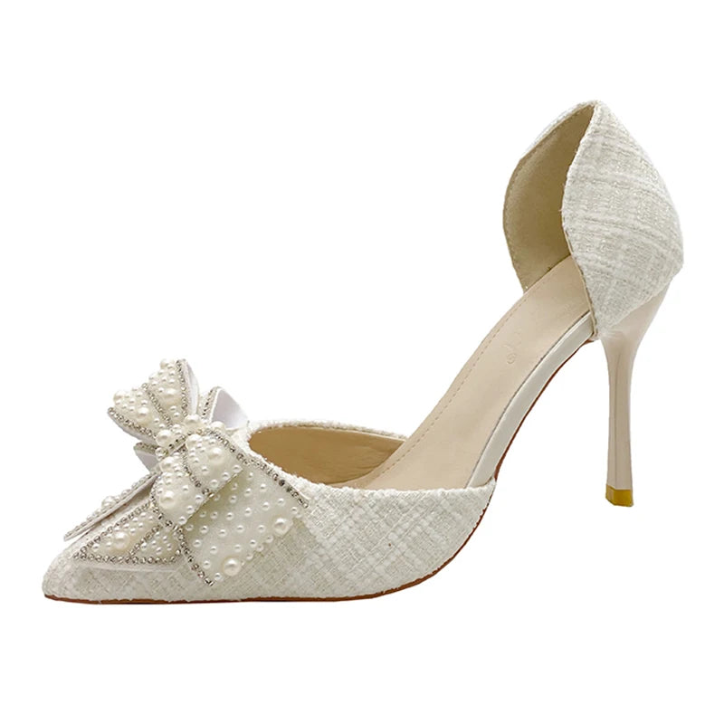 Elegant Pearl Bowknot Bride Wedding Shoes Woman elegant Pointed Toe Stiletto High Heels Pumps Women Shiny Crystal Dress Party Shoes