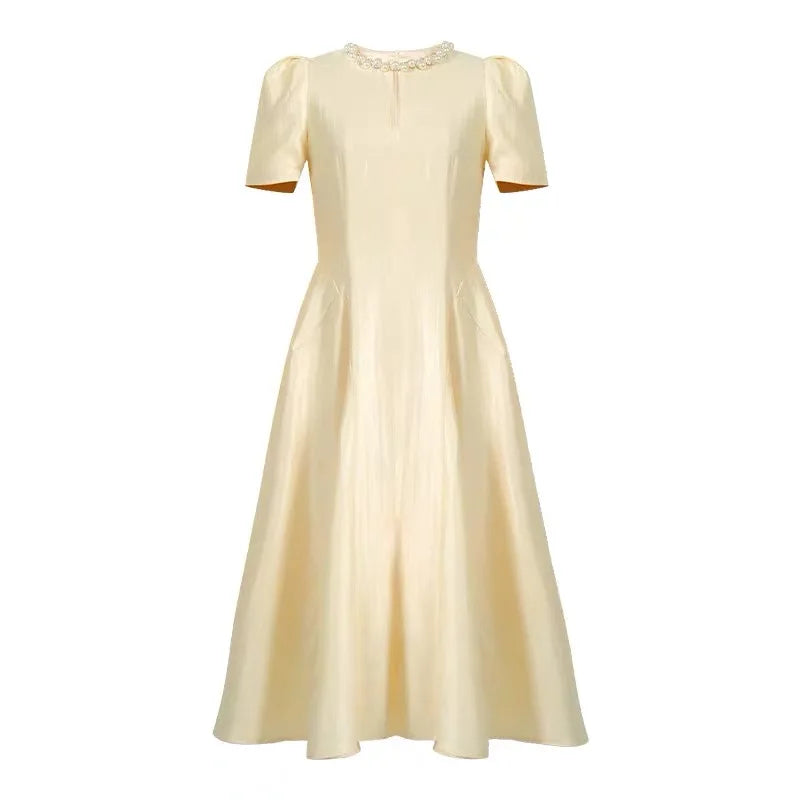 Elegant Host Evening Dress Women's French Vintage Sweet Pearl Hollow Folds Swing A-LINE Long Robe Party Catwalk Prom Vestidos