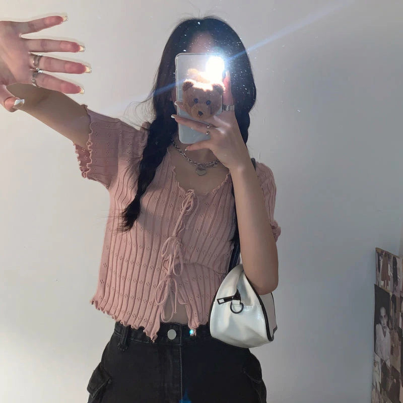 Knitted TShirt For Women V-neck Summer Simple Versatile Casual Crop Tops Bandage Ribbed Short Sleeve Women's Top T-Shirt Girl