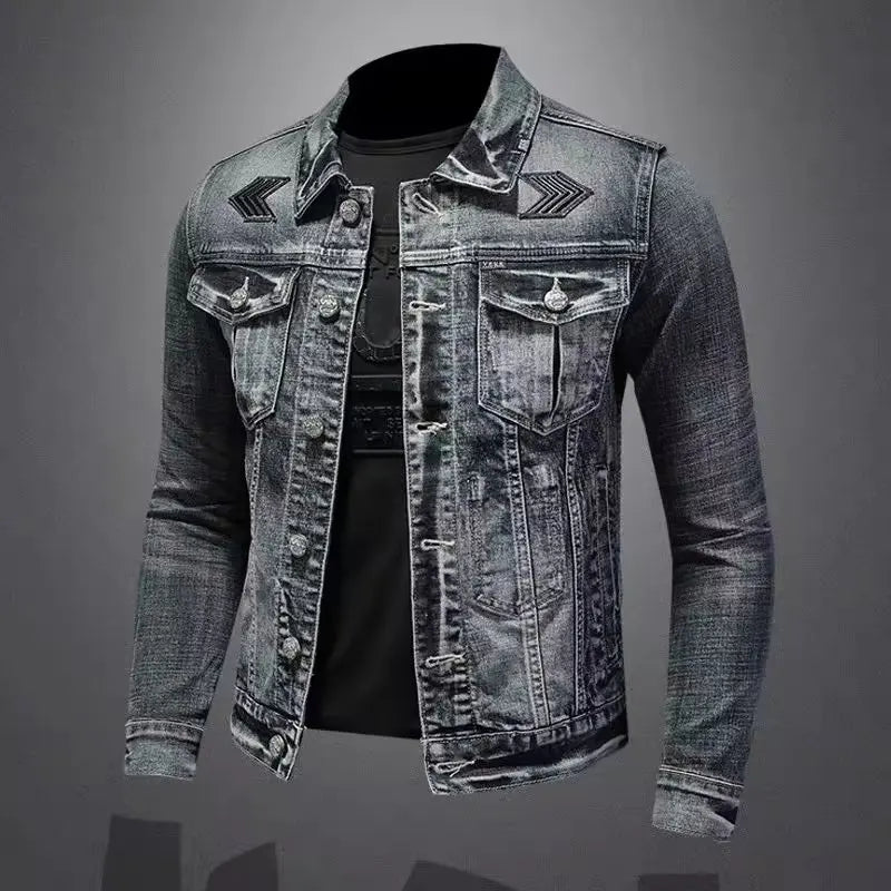 Jachetă denim vintage pentru bărbați, stil High Street, vrac, evazabil, motociclist, îmbrăcăminte elegantă, casual, cu rever cu nasturi, îmbrăcăminte pentru bărbați