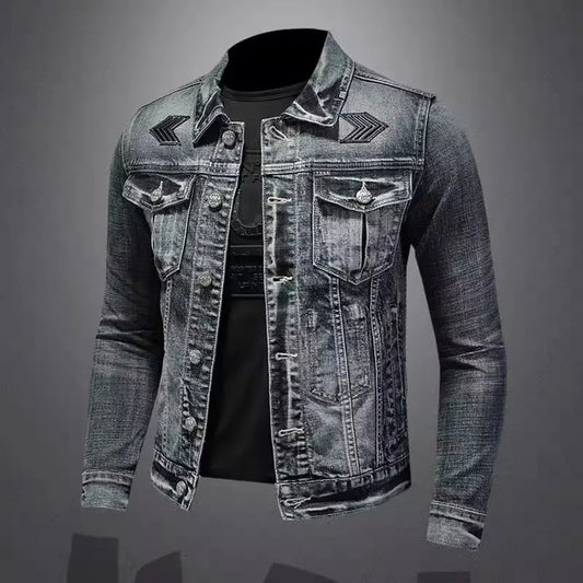 Jachetă denim vintage pentru bărbați, stil High Street, vrac, evazabil, motociclist, îmbrăcăminte elegantă, casual, cu rever cu nasturi, îmbrăcăminte pentru bărbați