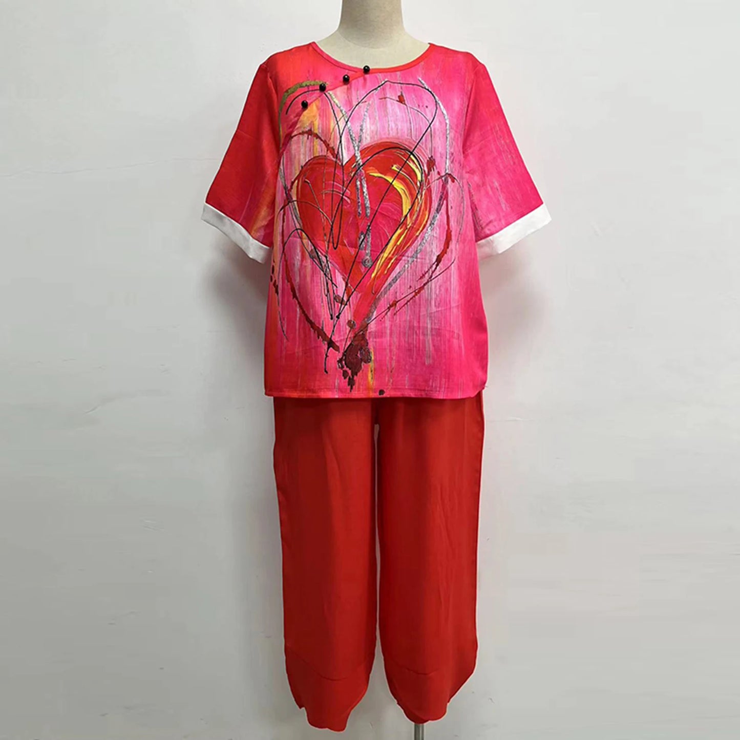 Elegant  Women Outfit Breathable Flower Pattern Blouse Trousers Half Sleeves Soft Blouse Pants Spring Clothes