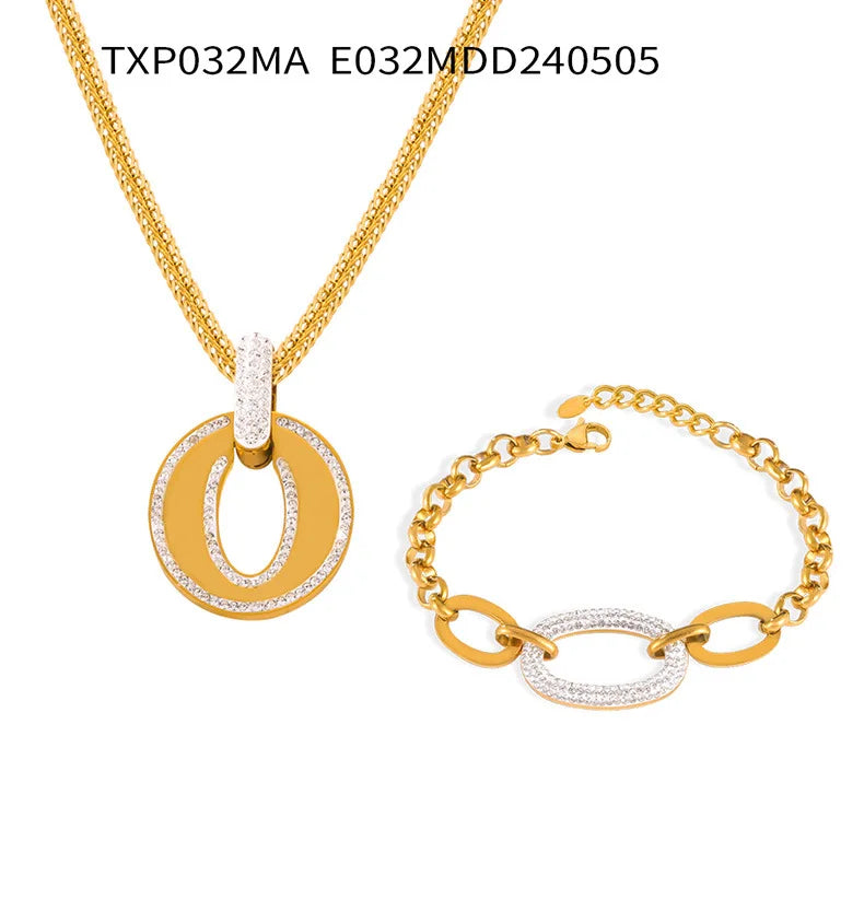 Luxus Strass Runder Anhänger Halskette - Edelstahl Goldplattiert Armband Schmuck Set - Damen Hochzeit Accessoires
