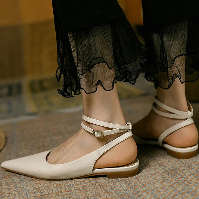 New 2025 Summer Trend Women Sandals Genuine Leather Slingbacks Closed Pointed Toe Apricot Beige Flat Shoes Ankle Strap Ladies