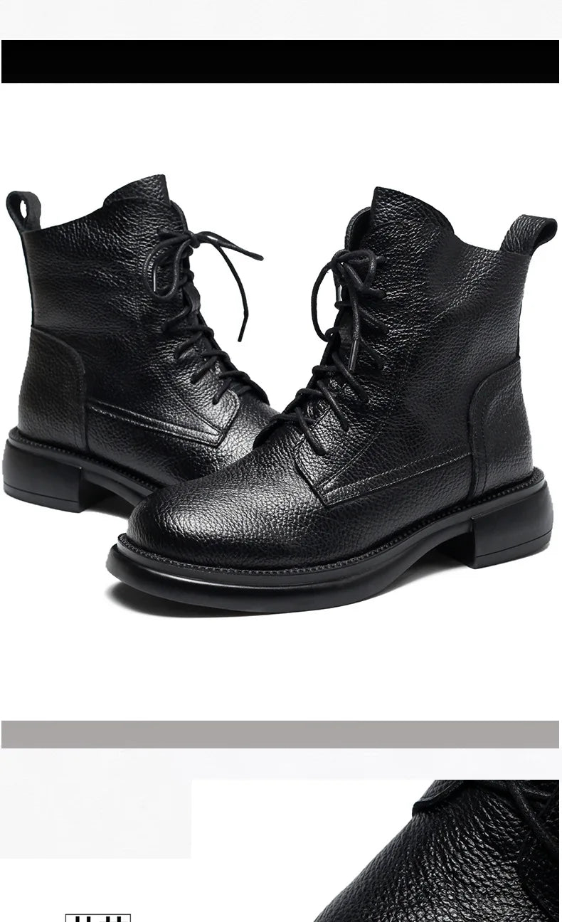 Frühling Dame Knöchel Stiefel 2025 - Echtes Kuh Leder Platform Schuhe - Frauen Winter Jugend Mädchen Weiche Sohle Dicke Absatz Ritter Schnee Stiefel