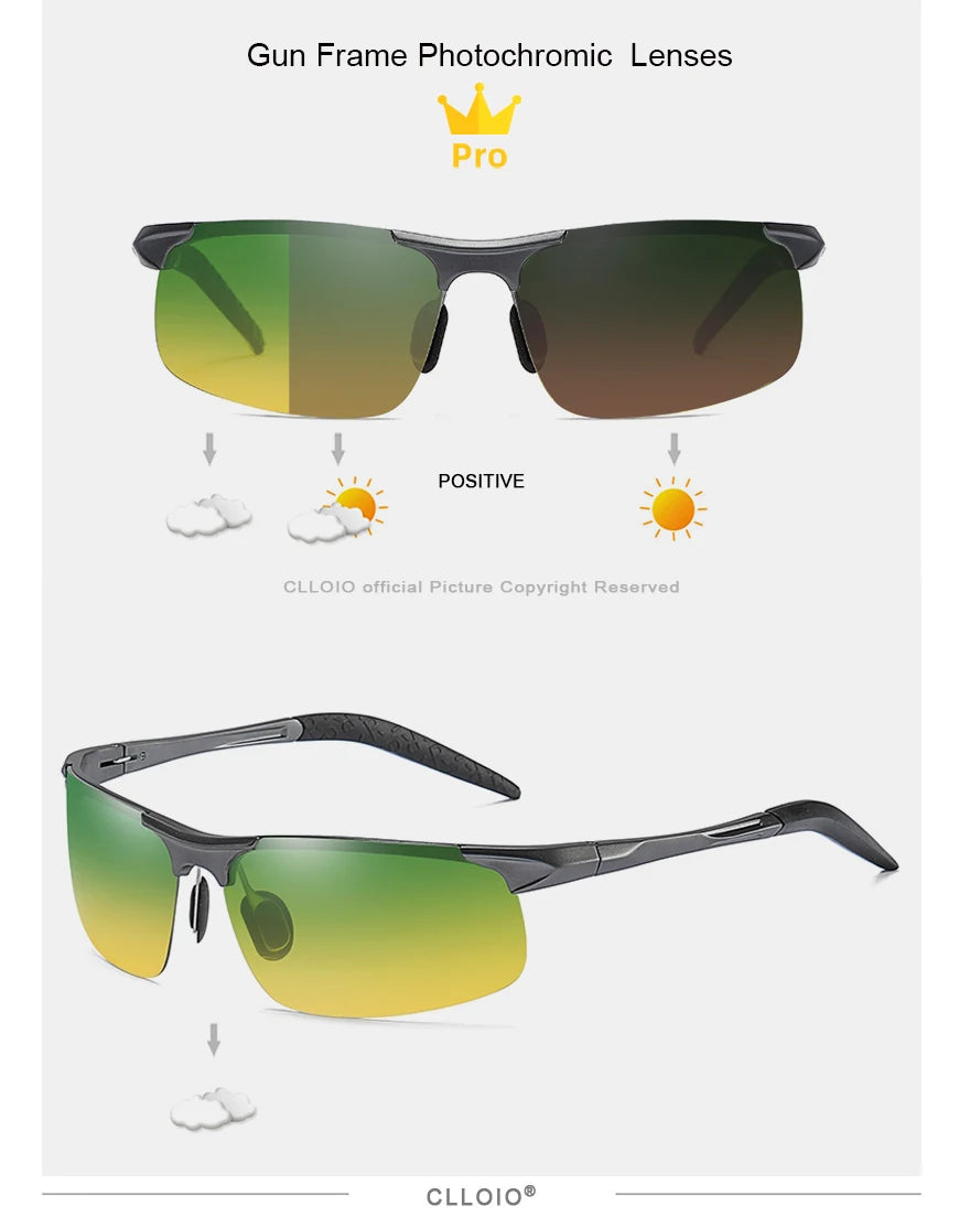 CLLOIO Aluminium Rimless Photochromic Day Night Vision Anti-Glare Glasses Men Polarized Driving Sunglasses Travel Fishing Goggle