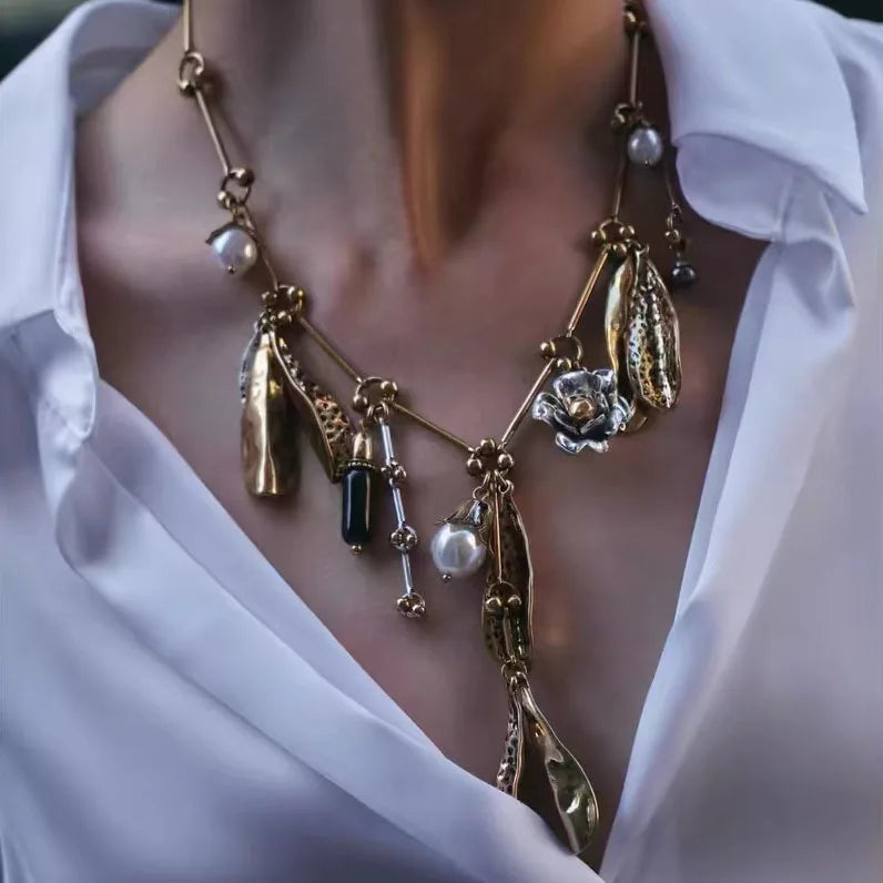 PPG PGG Perlenblatt Halskette Boho - Zinklegierung Gold