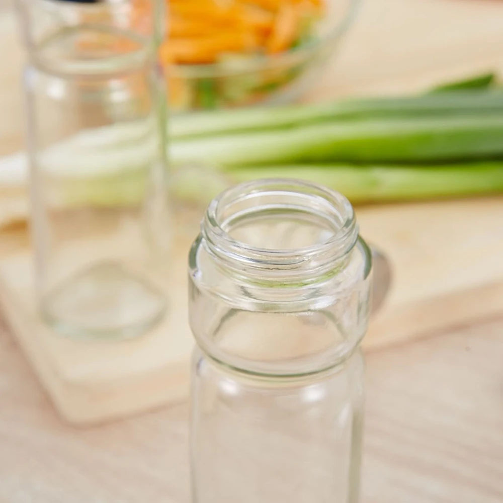 Seasoning Bottle Set Condiment Holder Rack 4 in 1 Oil Vinegar Dispensers Salt Pepper Shakers Glass Cruet Set with Caddy Stand