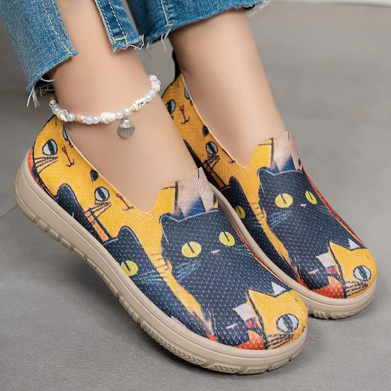 Women's Slip-On Sneakers Cat Print Spring Casual Shoes Plus Size Flat Sole Comfort Color Block Fabric Breathable Lightweight
