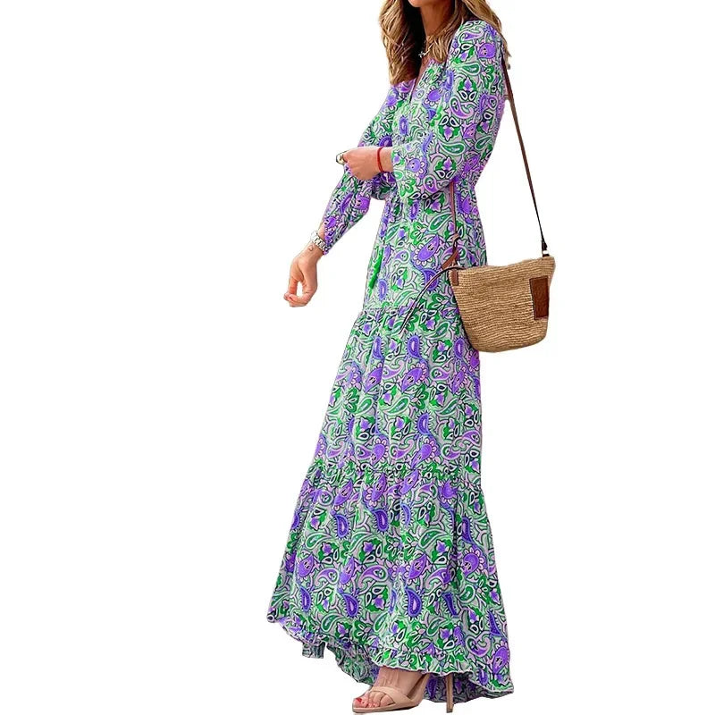 Elegant Women's Flower Long Dresses 2025 Spring New Bohemian Printed Dress Abıye Kadın Abiye Платье Robe Ete Femme Vestidos