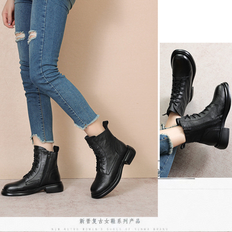 Frühling Dame Knöchel Stiefel 2025 - Echtes Kuh Leder Platform Schuhe - Frauen Winter Jugend Mädchen Weiche Sohle Dicke Absatz Ritter Schnee Stiefel