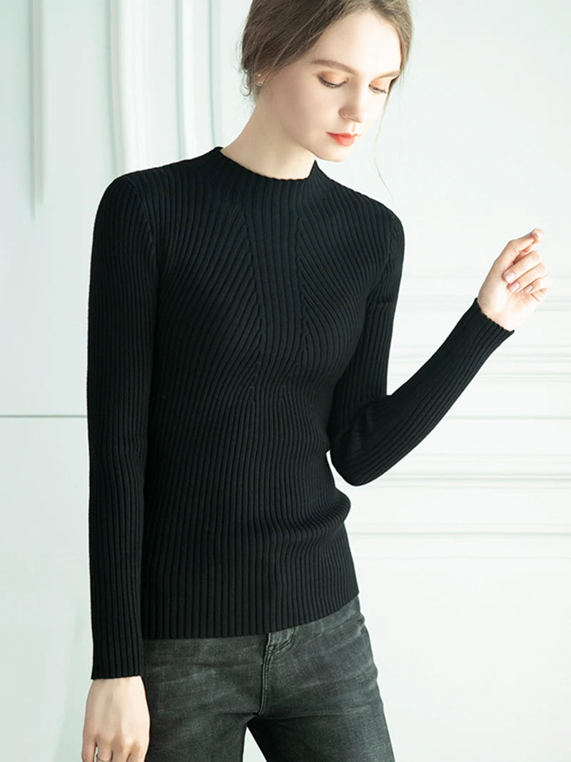 Pulover Livia cu guler înalt slim, cu nervuri - S-XL, mânecă lungă