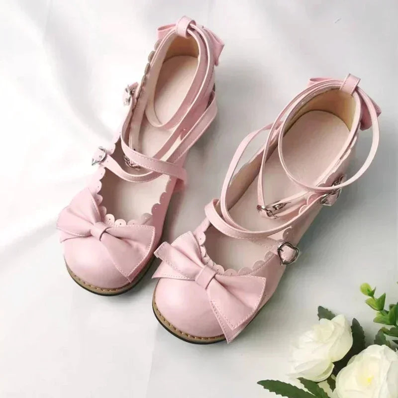Lolita Schuhe Damen 2025 - Flats Low Round Cross Straps Schleife - Süße Mädchen Prinzessin Tea Party Schuhe Studenten 34-41
