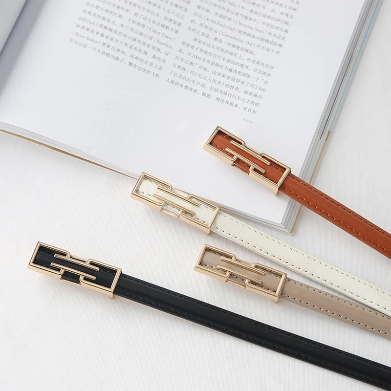 Leather Thin Belt For Women Personalized New Fashion Metal Buckle Waist Strap Female Jeans Dress Trouser Decorative Waistband