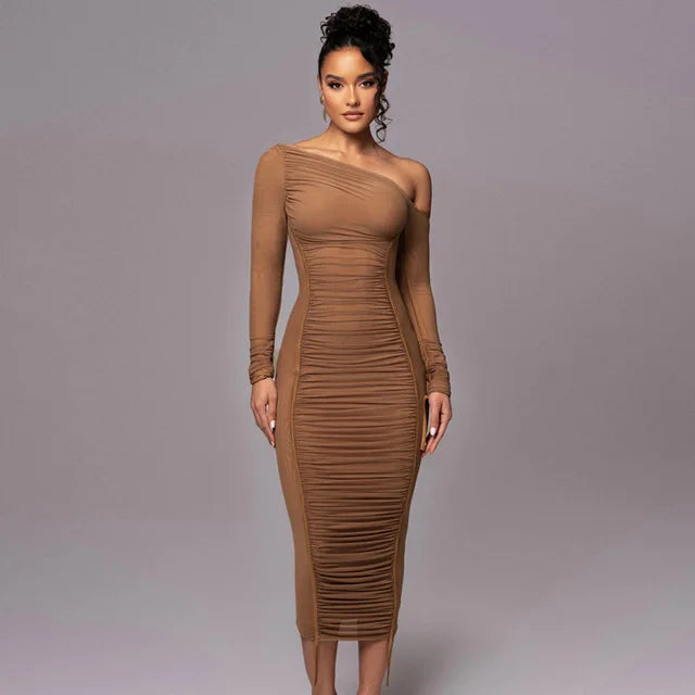 Elegant Women Dresses Diagonal Collar Long Sleeve Two Layer Mesh Backless Pleated Bodycon Sexy Club Party Evening Dress