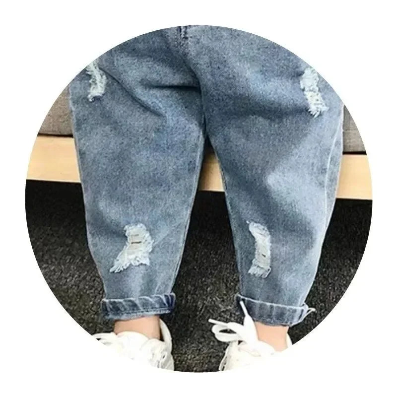 Children Jeans Spring Autumn Boys Girls Denim Ripped Jeans Korean Fashion Kids Trousers Toddler Casual Loose Pants